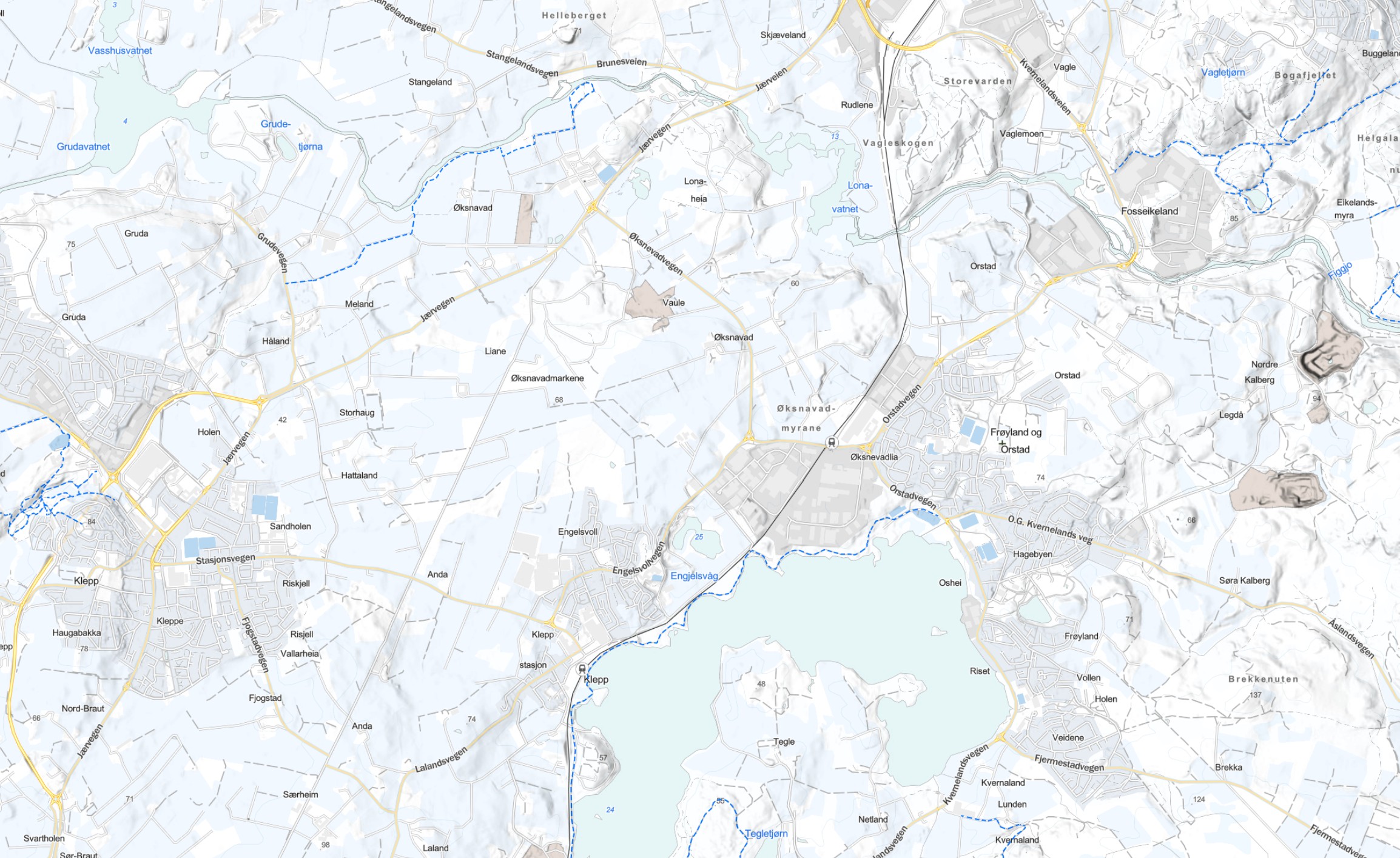 Kart over Klepp stasjon, Bryne, Ålgård og Jæren-regionen