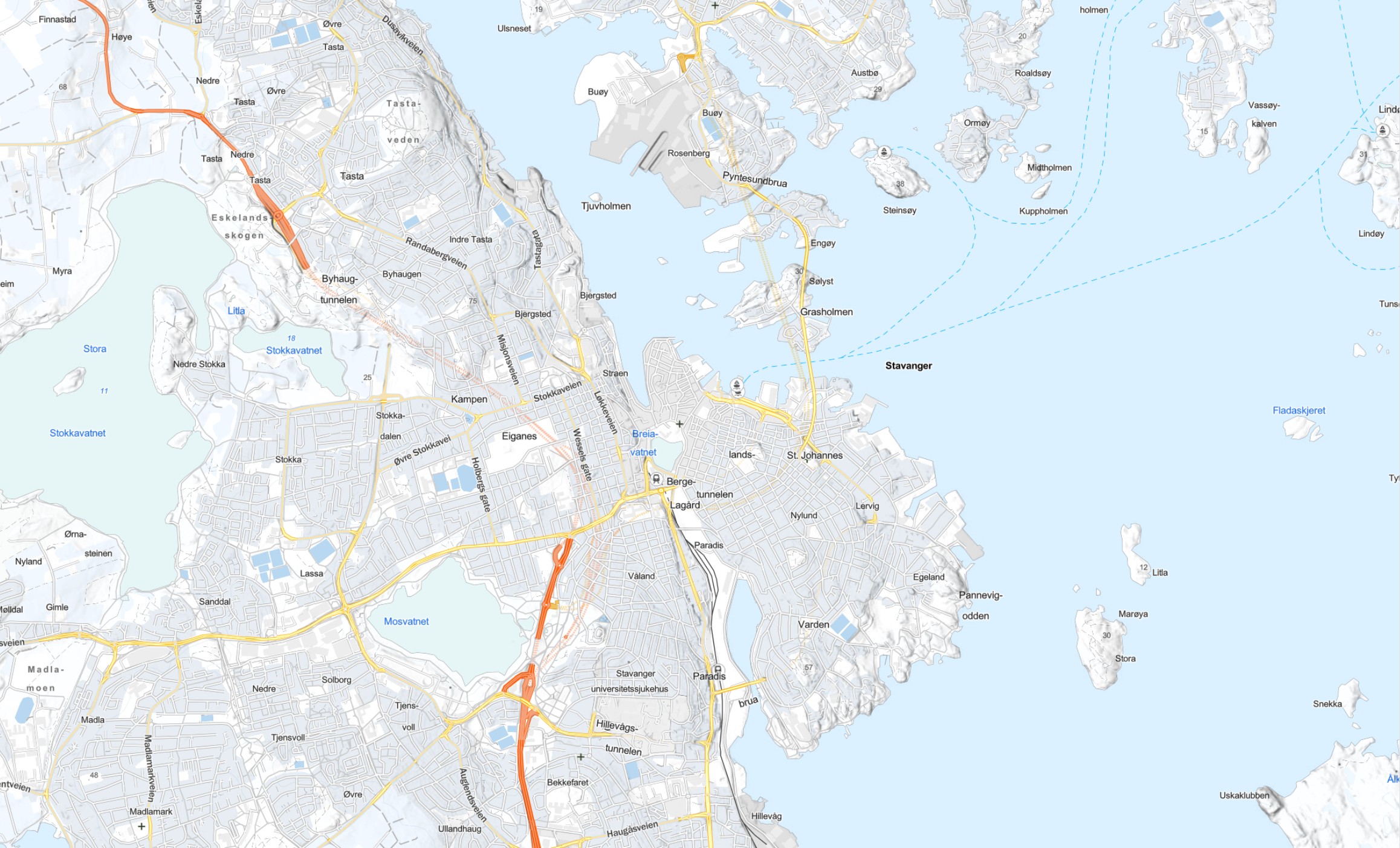Kart over Stavanger og Rogaland-regionen