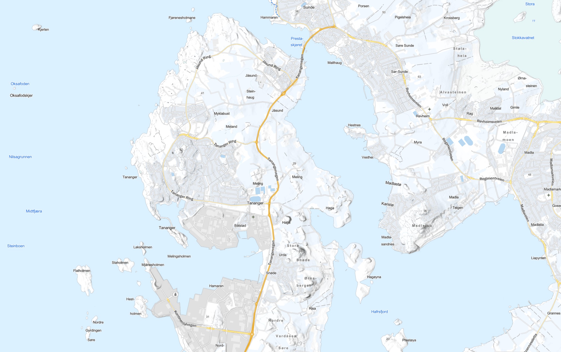 Kart over Tananger og Stavanger-regionen