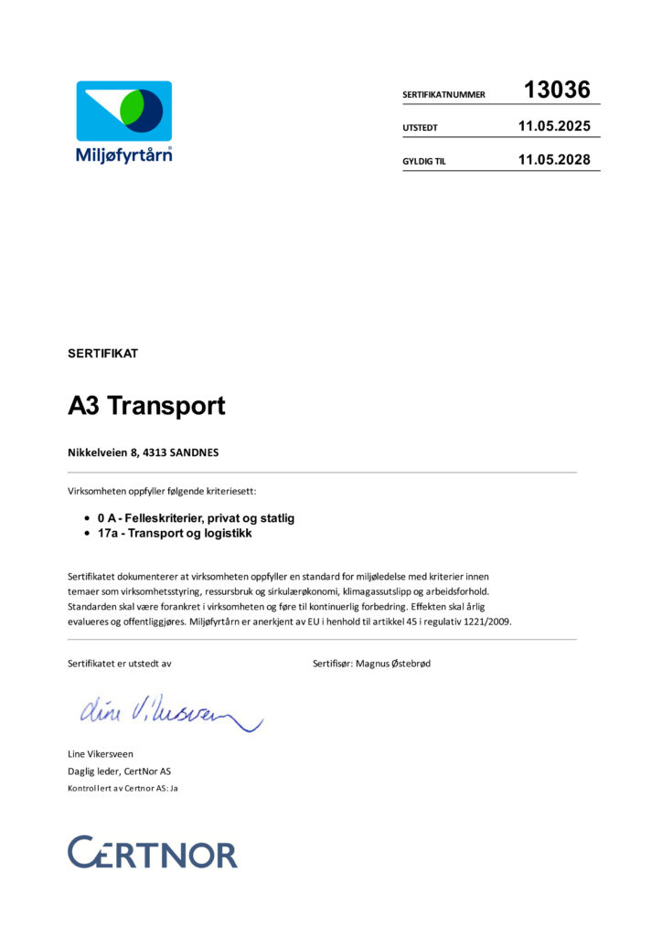 A3-Transport-signert-Miljøfyrtårn-sertifikat-2025